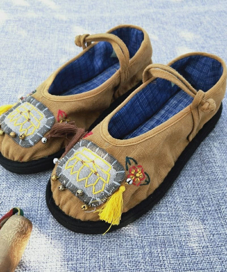 Vintage Splicing Buckle Strap Flat Shoes Yellow Cotton Fabric