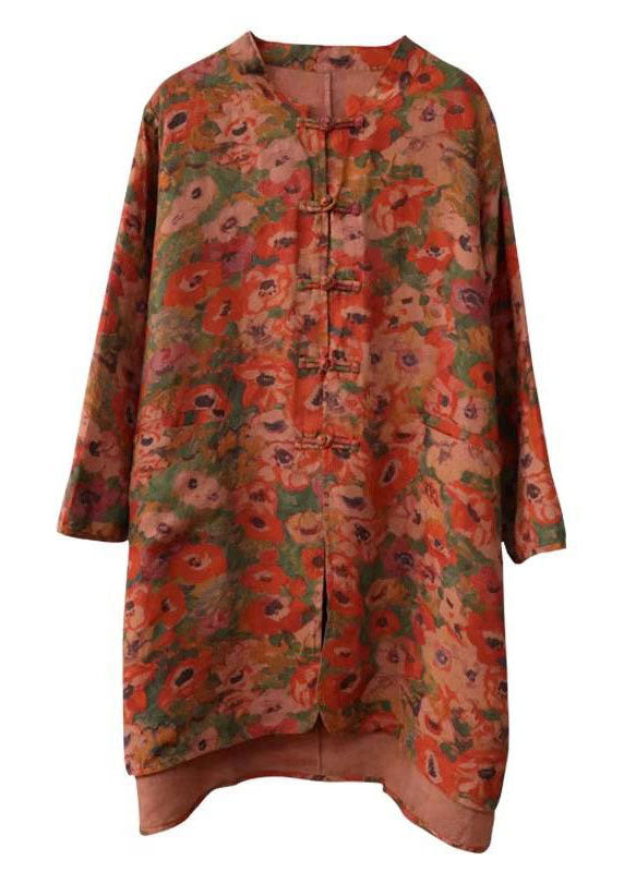 Vintage Stand Collar Chinese Button Print Linen Shirts Coat Long Sleeve