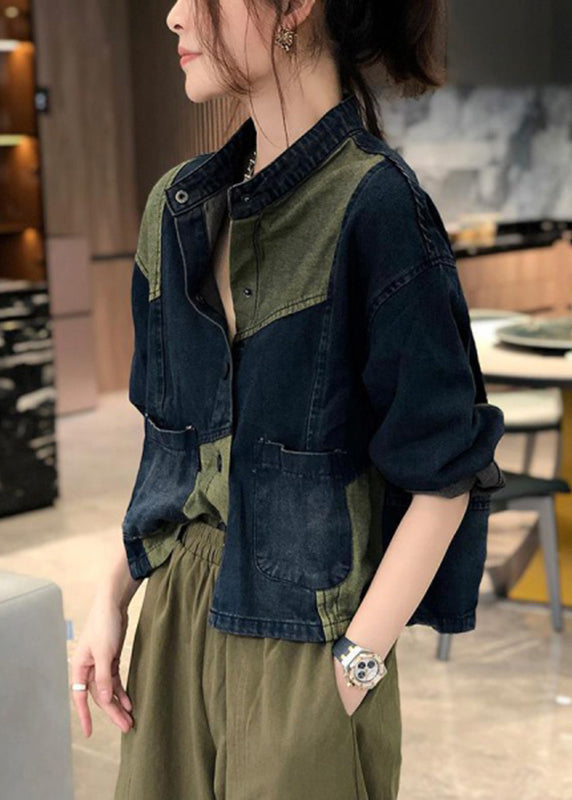 Vintage Stand Collar Pockets Patchwork Denim Coats Fall