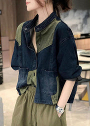 Vintage Stand Collar Pockets Patchwork Denim Coats Fall