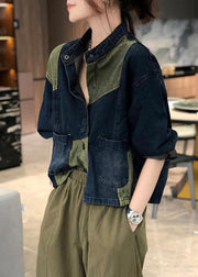 Vintage Stand Collar Pockets Patchwork Denim Coats Fall