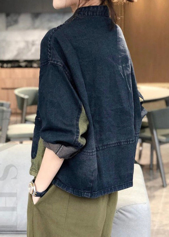 Vintage Stand Collar Pockets Patchwork Denim Coats Fall