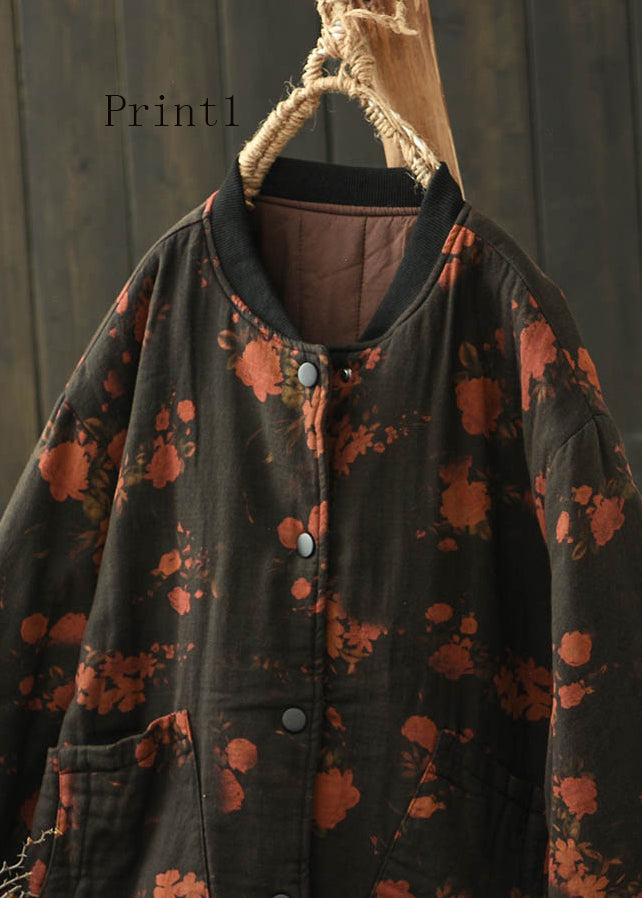 Vintage Stand Collar Pockets Print Fine Cotton Filled Coat Spring