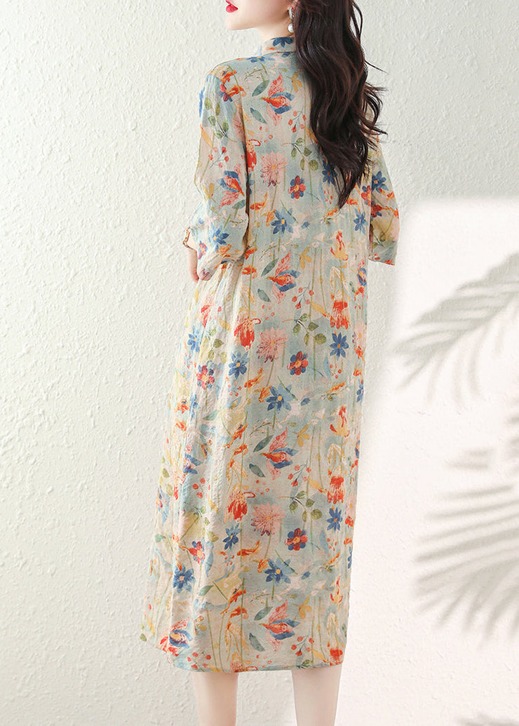 Vintage Stand Collar Print Chinese Button Cotton Dress Summer