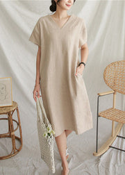 Vintage V Neck Patchwork Side Open Linen Mid Dresses Summer