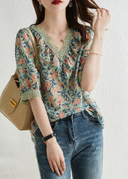 Vintage V Neck Print Chiffon Tops Short Sleeve