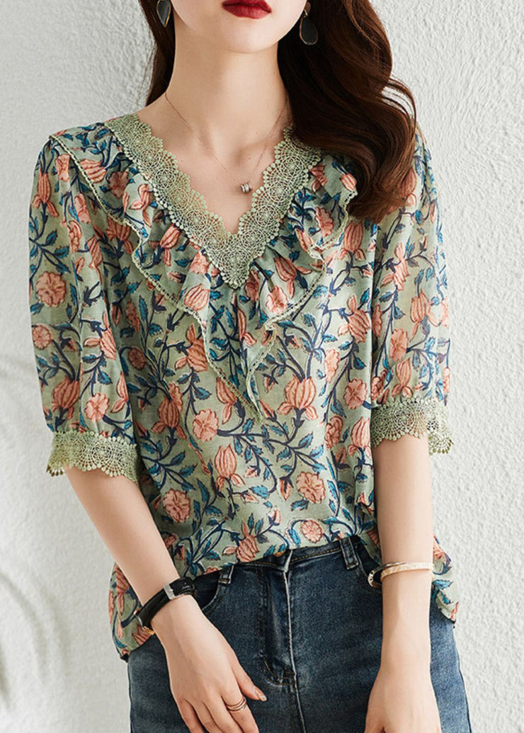 Vintage V Neck Print Chiffon Tops Short Sleeve