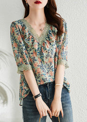 Vintage V Neck Print Chiffon Tops Short Sleeve