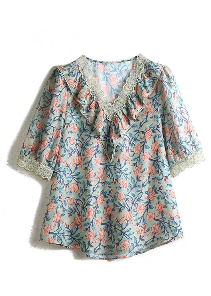 Vintage V Neck Print Chiffon Tops Short Sleeve