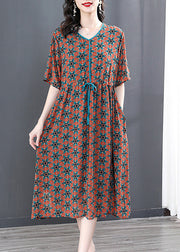 Vintage V Neck Print Wrinkled Tie Waist Long Dresses Summer