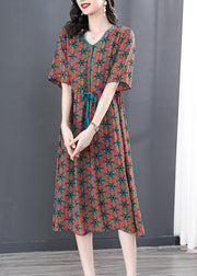 Vintage V Neck Print Wrinkled Tie Waist Long Dresses Summer