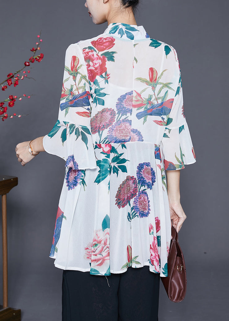 Vintage White Asymmetrical Print Chiffon Shirts Flare Sleeve