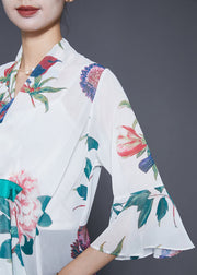 Vintage White Asymmetrical Print Chiffon Shirts Flare Sleeve