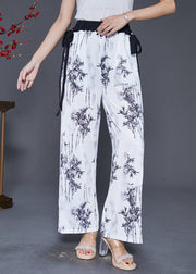 Vintage White Bamboo Print Draping Chiffon Straight Pants Fall