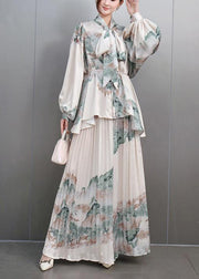 Vintage White Bow Print Chiffon Shirts And Maxi Skirts Two Pieces Set Spring