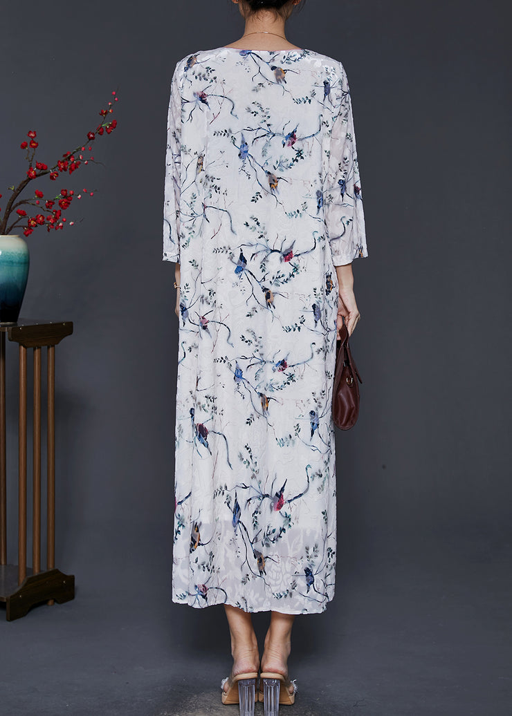 Vintage White Chinese Button Print Silk Velvet Dress Spring