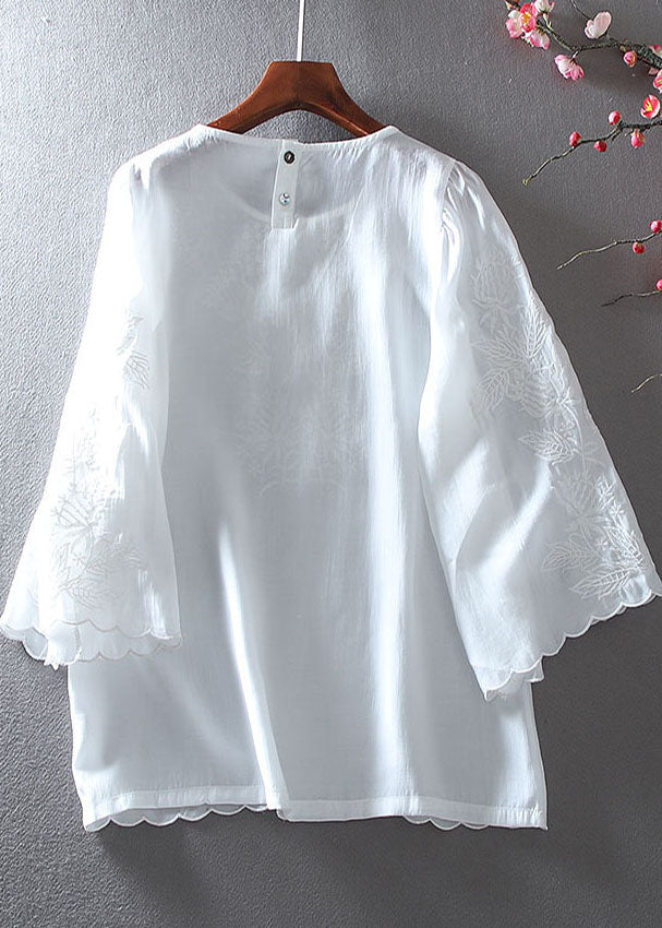 Vintage White Embroidered Chiffon Shirt Tops Summer