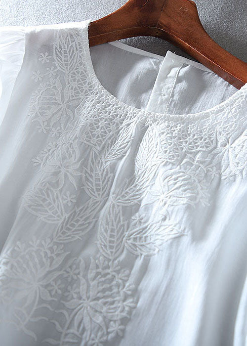 Vintage White Embroidered Chiffon Shirt Tops Summer