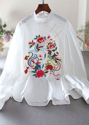 Vintage White Embroidered Chinese Button Cotton Blouse Top Spring