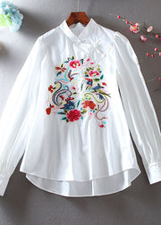 Vintage White Embroidered Chinese Button Cotton Blouse Top Spring