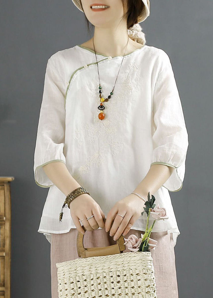 Vintage White Embroideried Chinese Button Patchwork Linen Shirt Top Summer