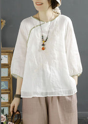 Vintage White Embroideried Chinese Button Patchwork Linen Shirt Top Summer