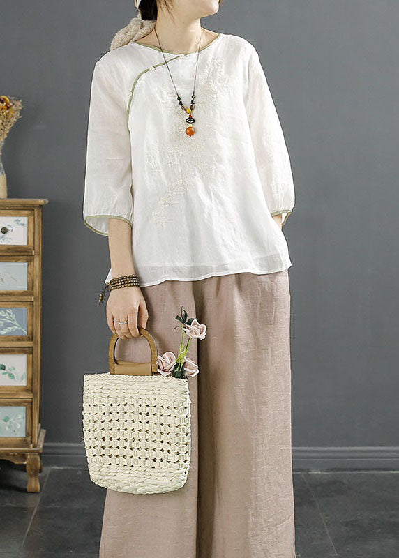 Vintage White Embroideried Chinese Button Patchwork Linen Shirt Top Summer