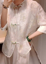 Vintage White Embroideried Chinese Button Patchwork Silk Blouses Summer