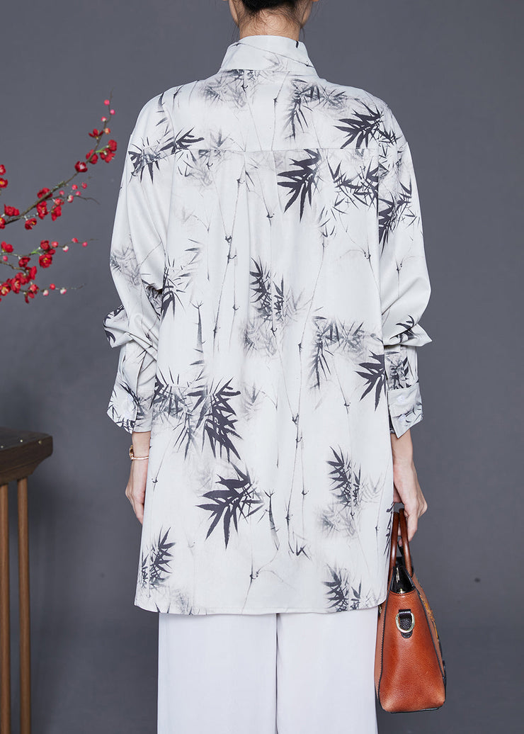 Vintage White Inkwash Painting Print Chinese Button Chiffon Shirt Tops Fall