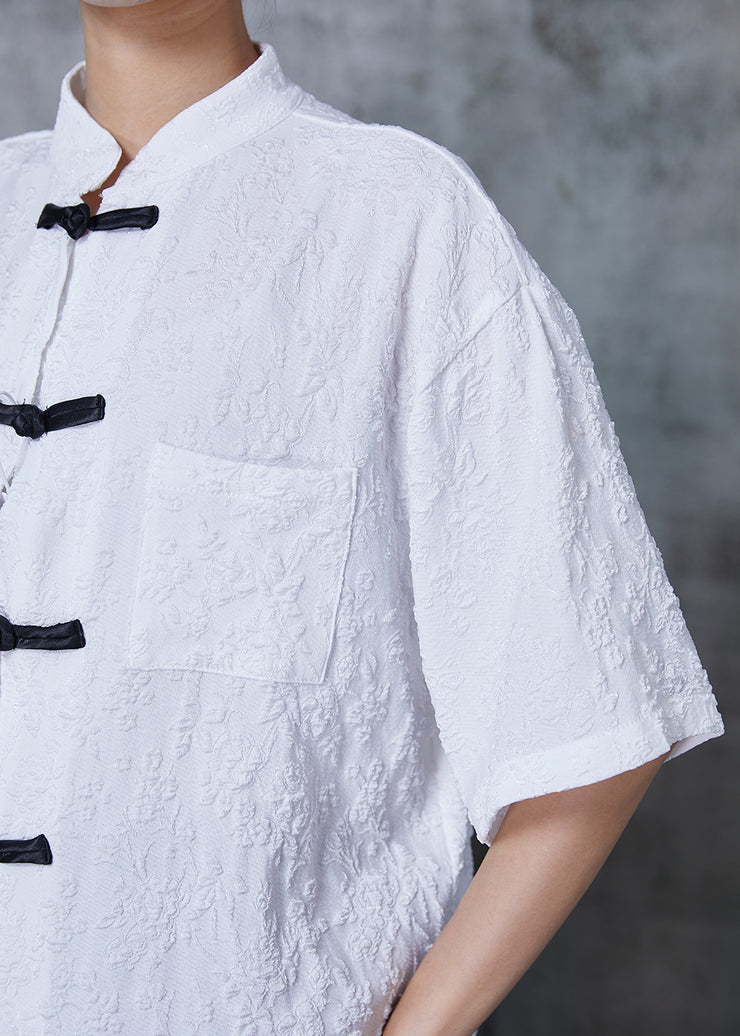 Vintage White Jacquard Chinese Button Cotton Shirts Summer