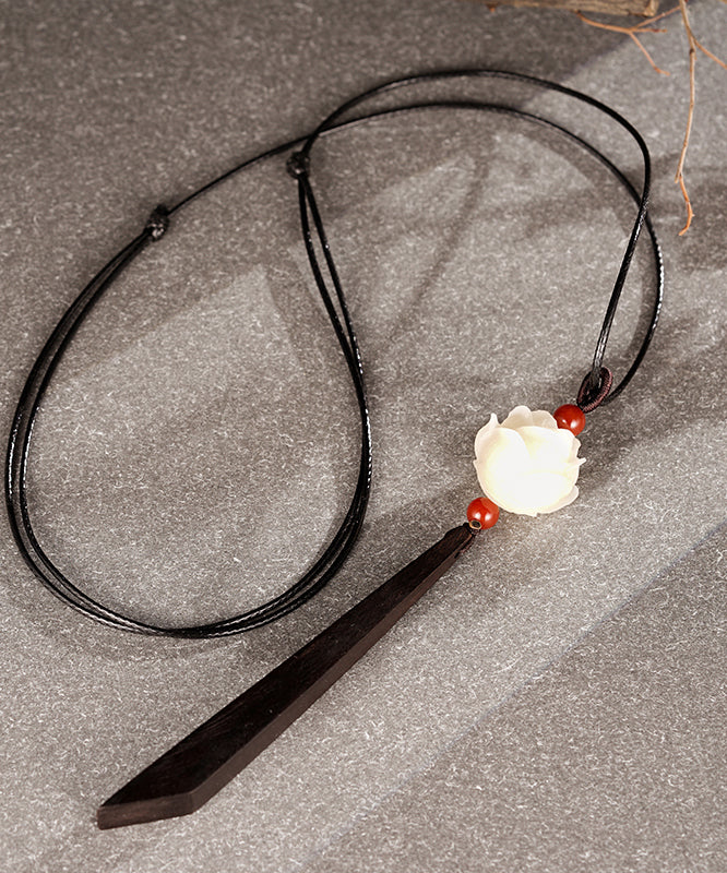 Vintage White Lotus Agate Ebony Jade Pendant Necklace