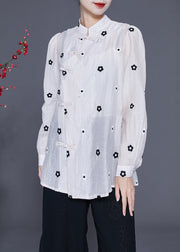 Vintage White Mandarin Collar Embroideried Chinese Button Silk Top Spring