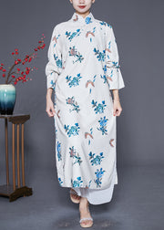 Vintage White Mandarin Collar Embroideried Satin Dress Caftan Spring