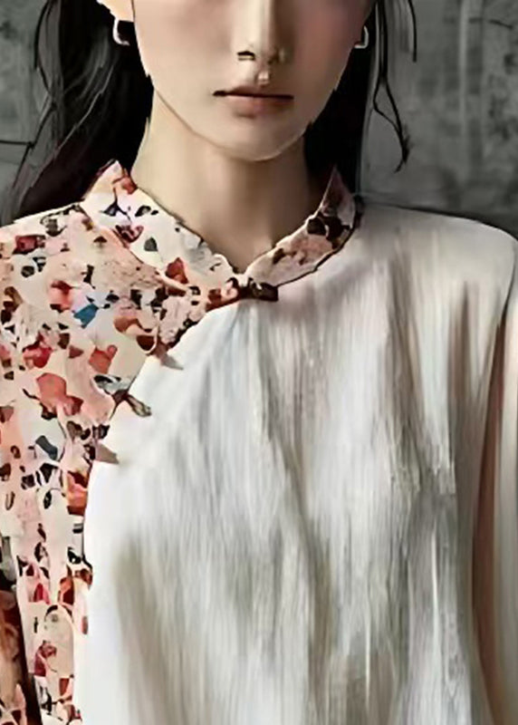 Vintage White Mandarin Collar Patchwork Print Cotton Shirt Top Flare Sleeve