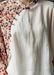 Vintage White Mandarin Collar Patchwork Print Cotton Shirt Top Flare Sleeve