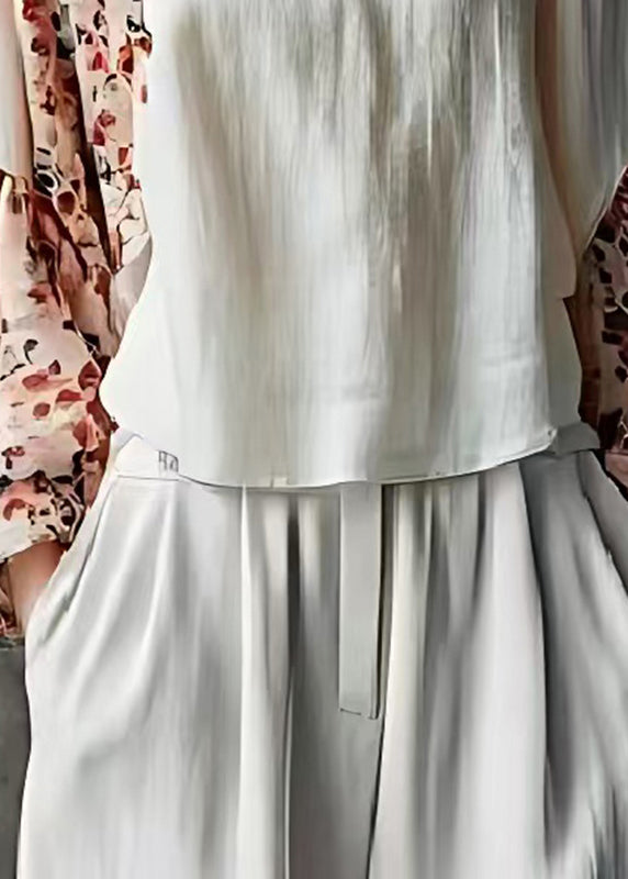 Vintage White Mandarin Collar Patchwork Print Cotton Shirt Top Flare Sleeve