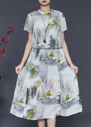 Vintage White Print Chiffon Oriental Dresses Summer