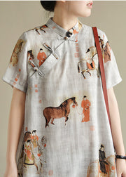 Vintage White Print Oriental Button Linen Dress Short Sleeve