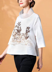 Vintage White Stand Collar Embroidered Silk Shirt Spring