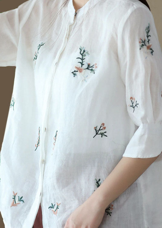 Vintage White Stand Collar Embroideried Patchwork Linen Tops Summer