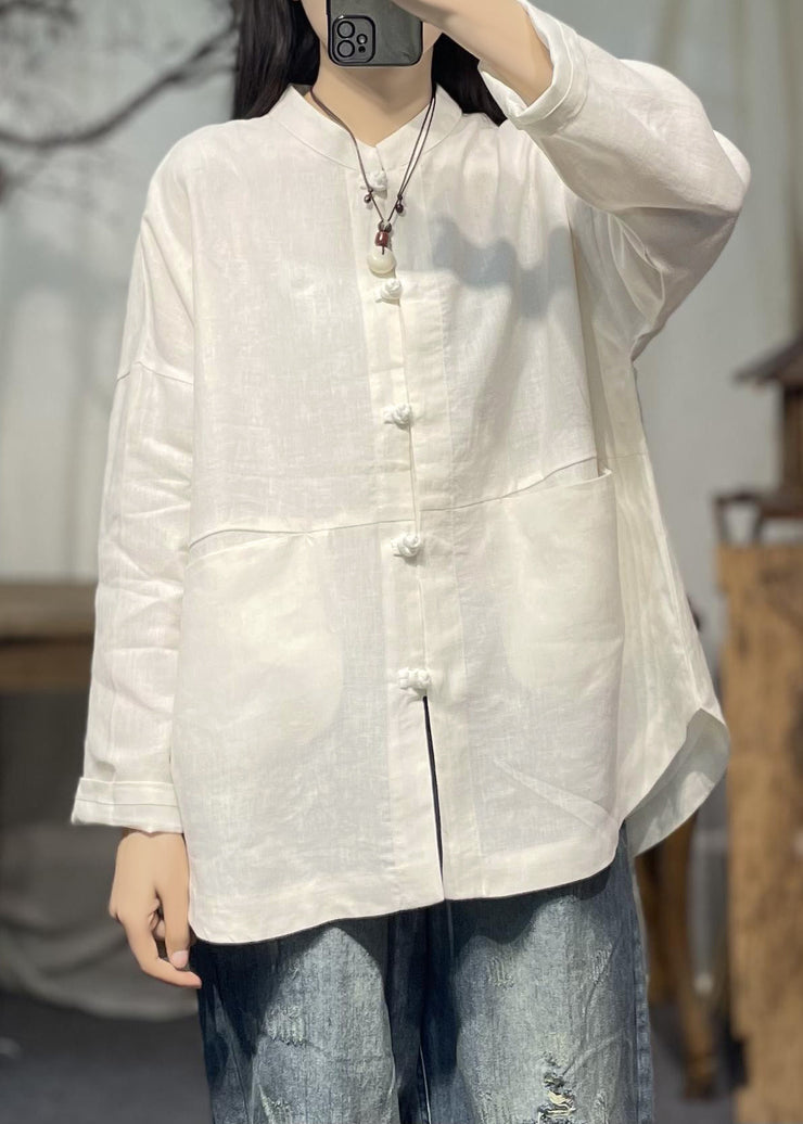 Vintage White Stand Collar Pockets Patchwork Linen Shirts Spring