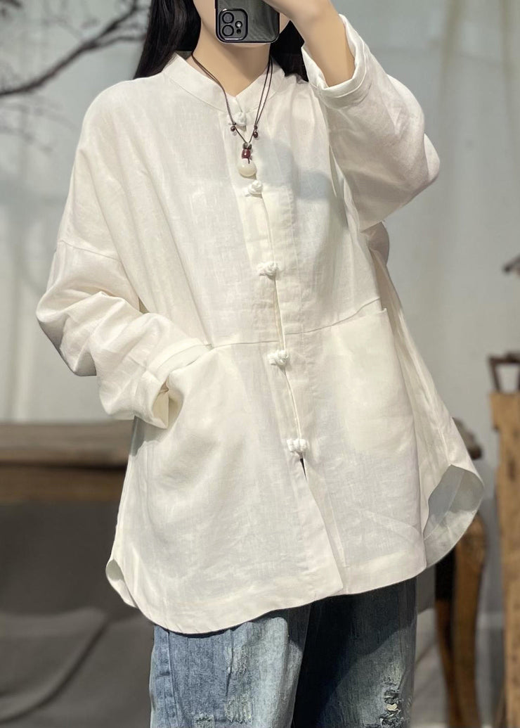 Vintage White Stand Collar Pockets Patchwork Linen Shirts Spring