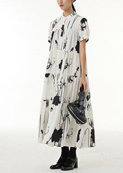 Vintage White Stand Collar Wrinkled Print Chiffon Dresses Summer