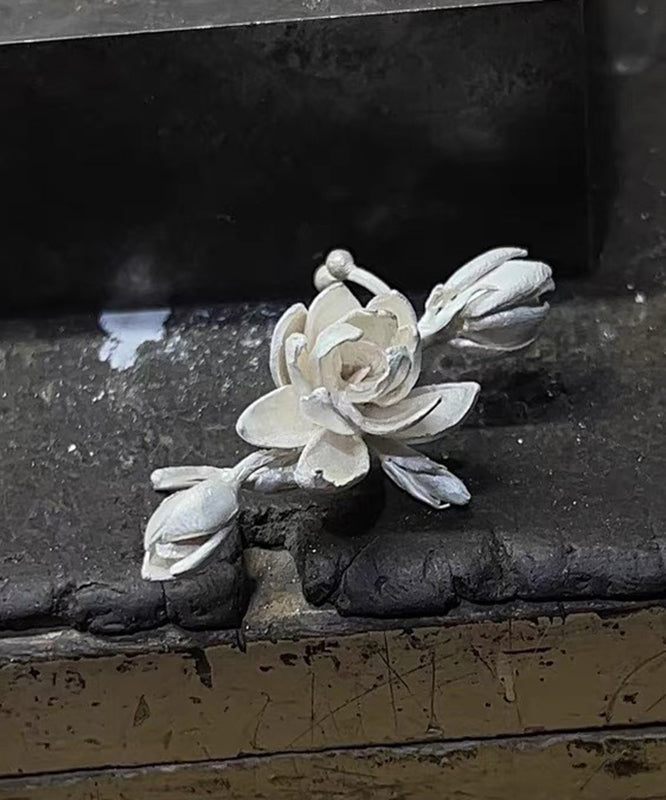 Vintage White Sterling Silver Burn White Jasmine Flower Stud Earrings