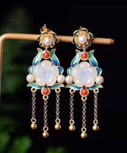 Vintage White Sterling Silver Overgild Inlaid Jade Agate Pearl Drop Earrings