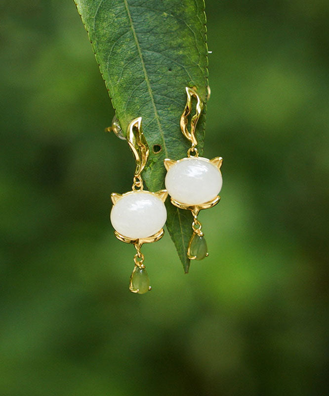 Vintage White Sterling Silver Overgild Jade Drop Earrings