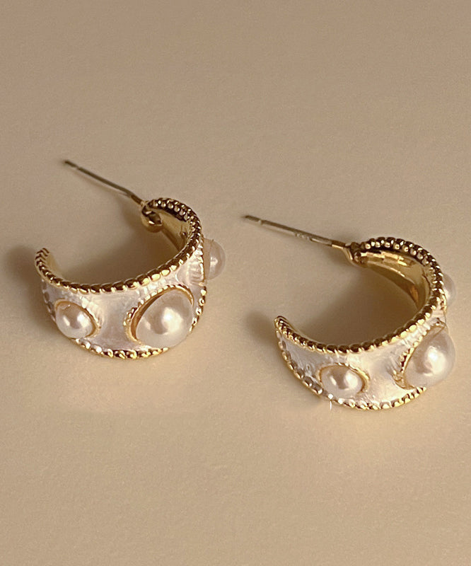 Vintage White Sterling Silver Overgild Pearl C Shaped Hoop Earrings