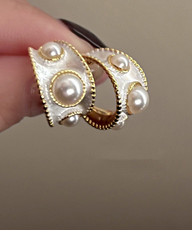 Vintage White Sterling Silver Overgild Pearl C Shaped Hoop Earrings