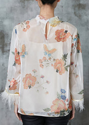 Vintage White Tasseled Print Silk Shirts Spring