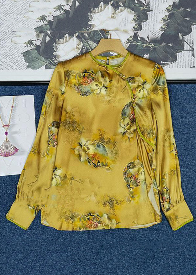 Vintage Yellow Button Print Patchwork Silk Shirts Long Sleeve